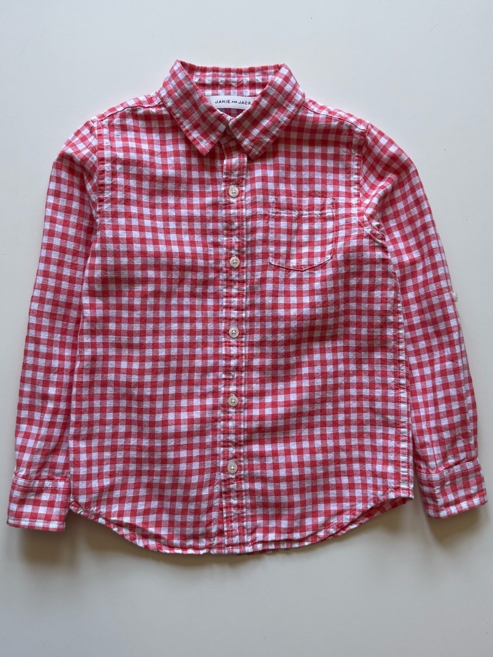 Janie and Jack Boys Red/White Gingham Linen-Cotton Blend Button-Down Shirt - 5